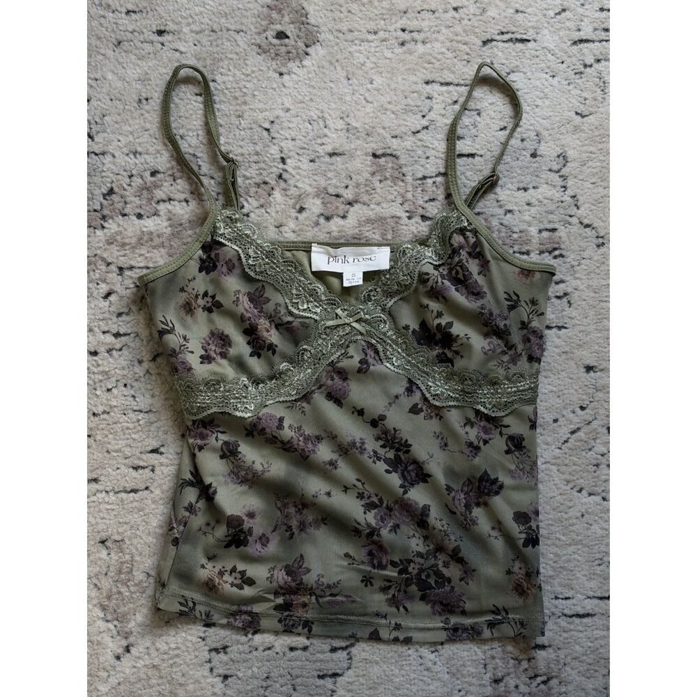 Floral Lace Trim Camisole Top green Cami‎ fairy whimsical Y2K festival